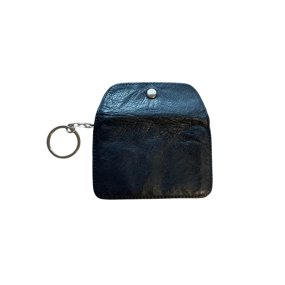 Black Leather Coin Purse Keychain Small Snap Flap Zippered Pouch Wallet Mini